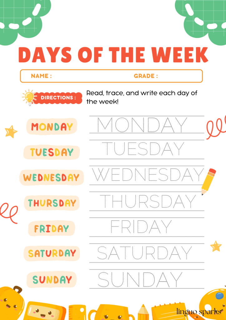 days of the week worksheet handwriting practice for kids